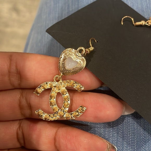 Chanel Up cycled Gold and White Heart Charm Earrings - Picture 3 of 3
